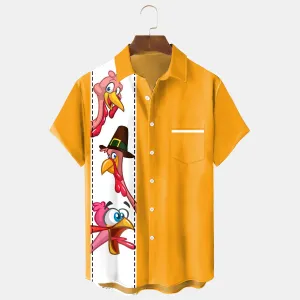 Thanksgiving Turkey Print Bowling Breast Pocket Short Sleeve Shirt