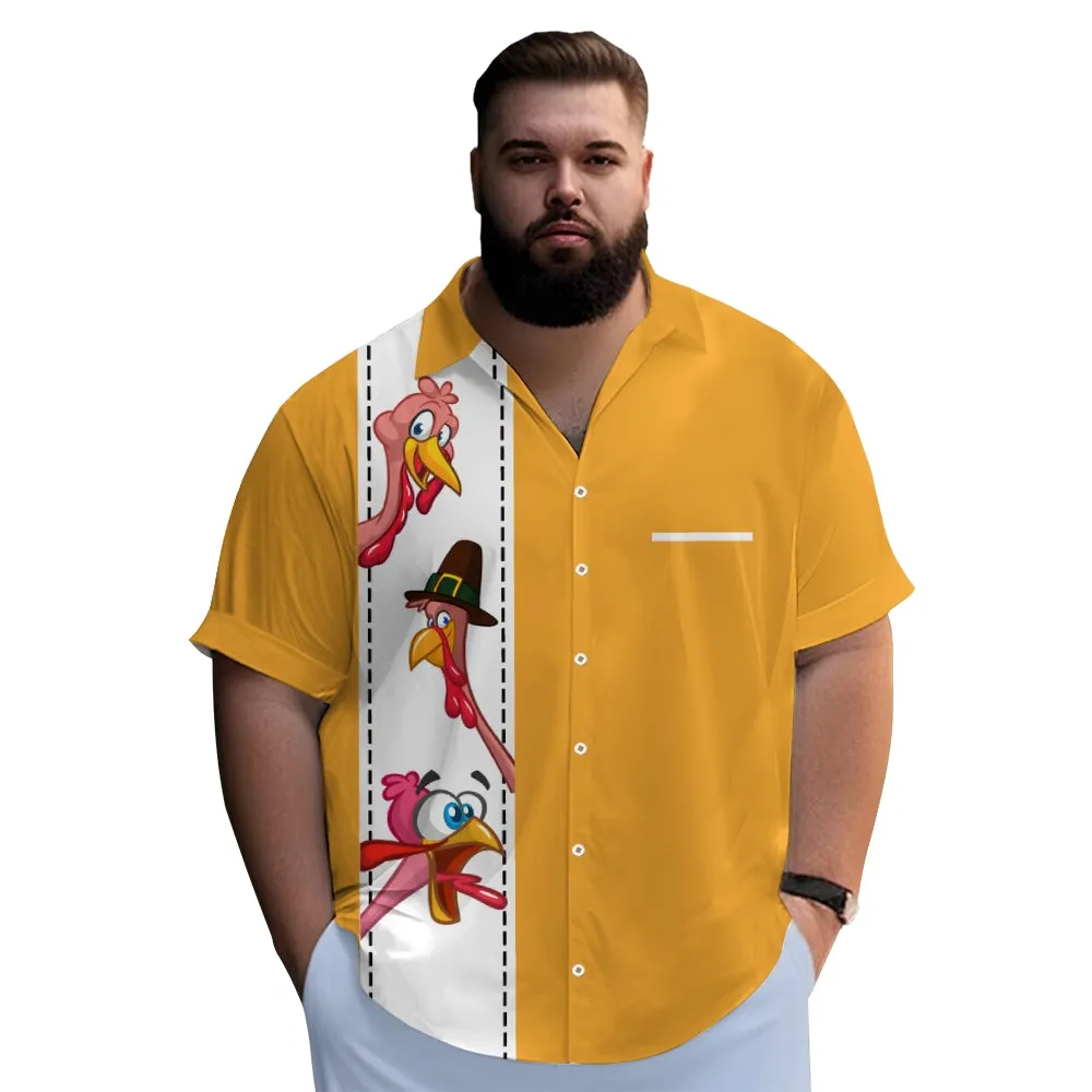 Thanksgiving Turkey Print Bowling Breast Pocket Short Sleeve Shirt