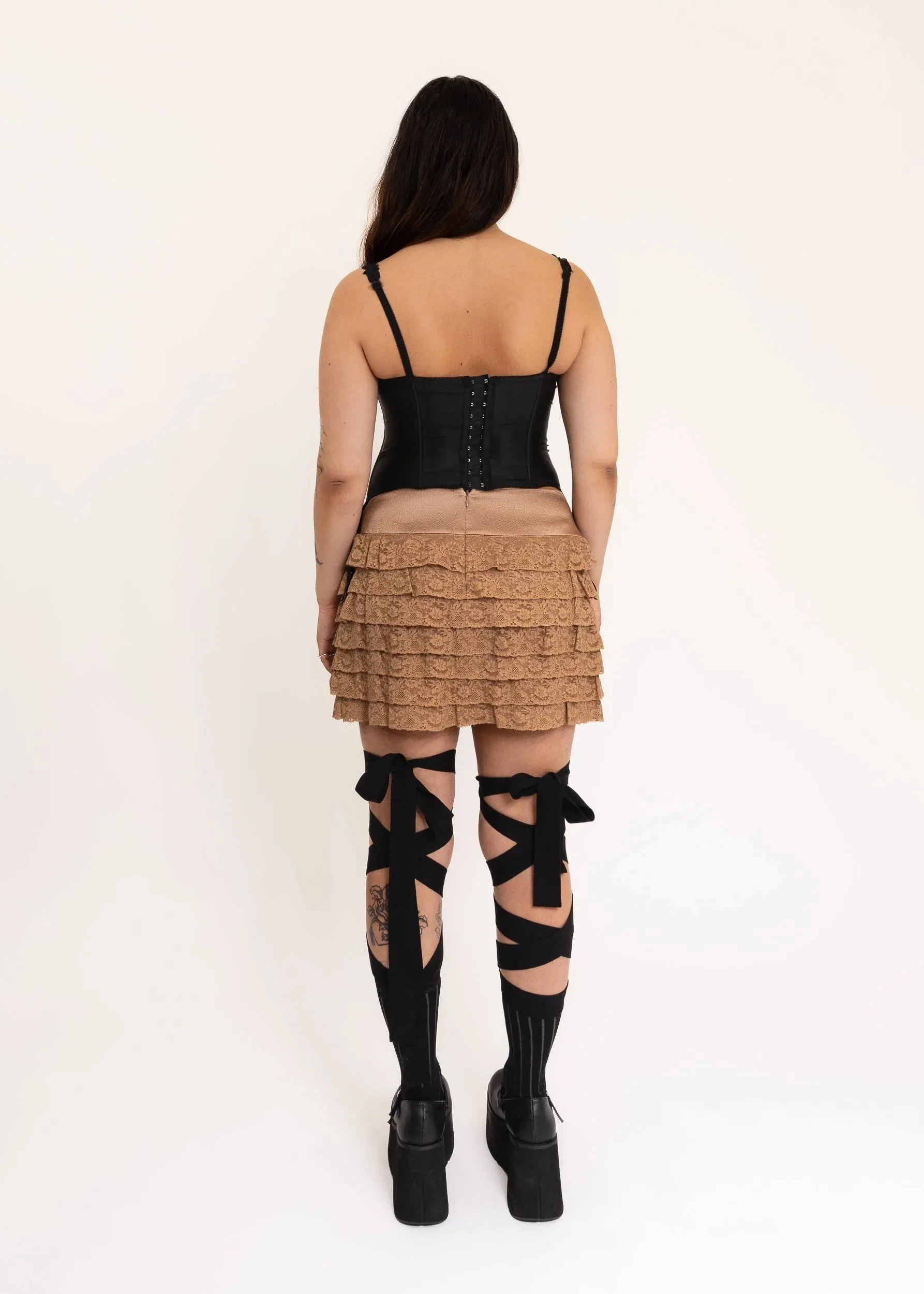 Tiered silk lace mini skirt
