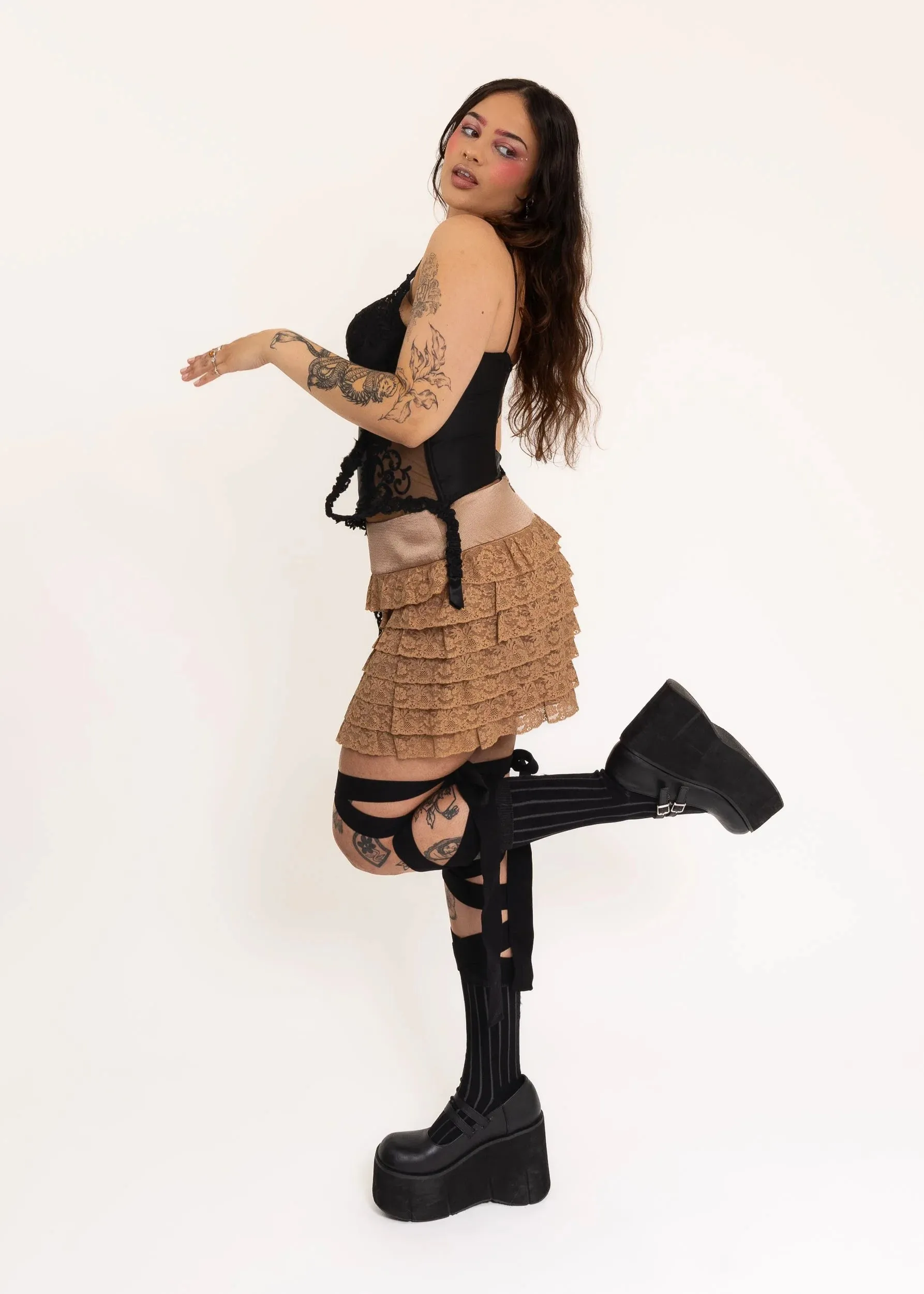 Tiered silk lace mini skirt
