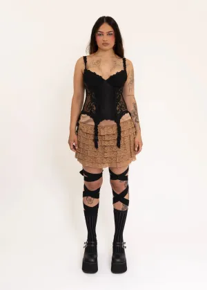 Tiered silk lace mini skirt