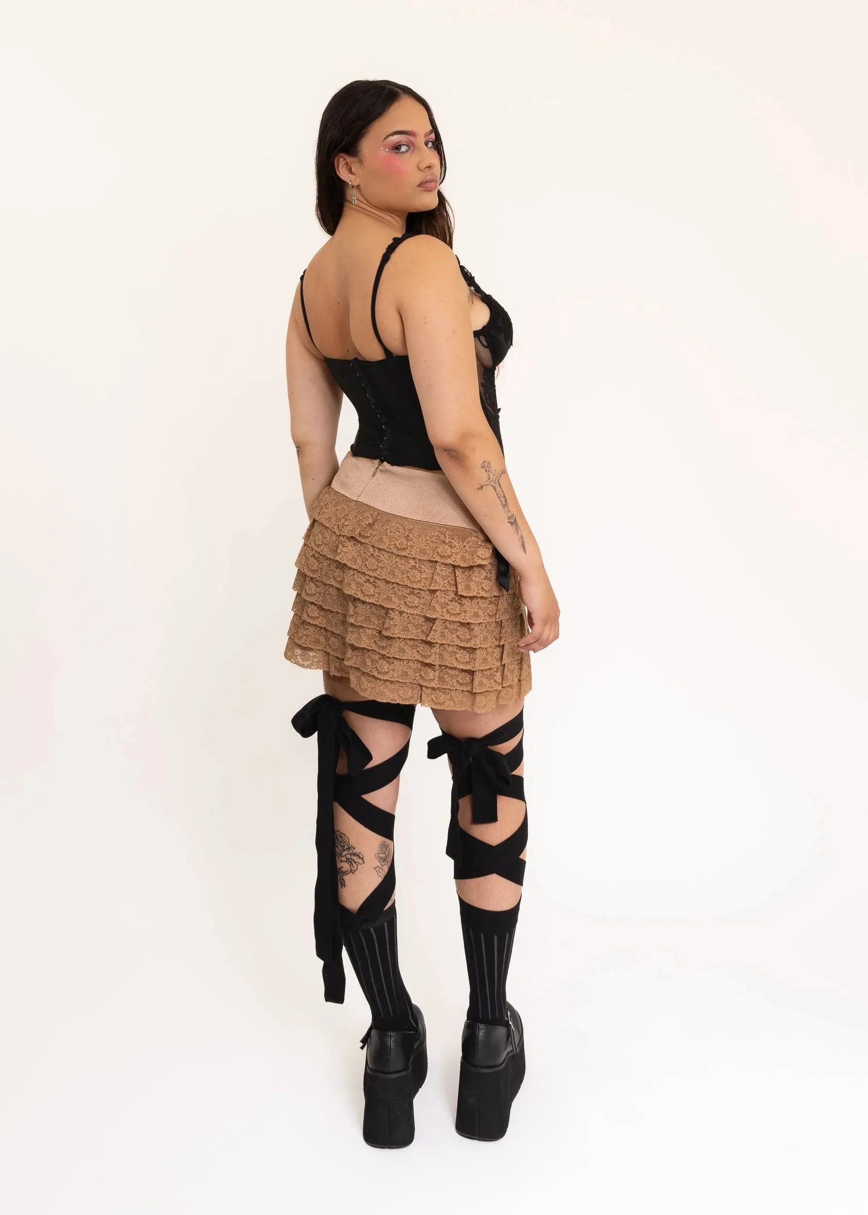 Tiered silk lace mini skirt