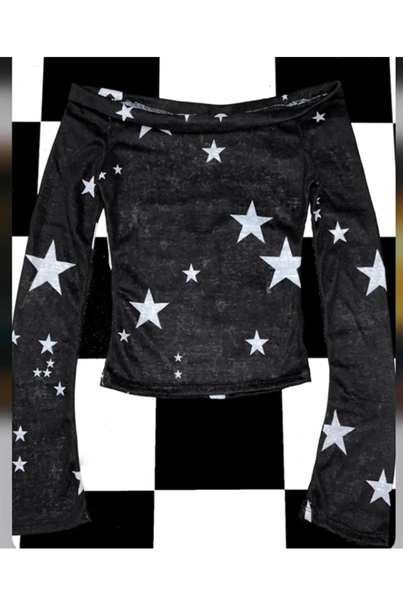 TK718 Graphic Off-Shoulder Long Sleeve T-Shirt