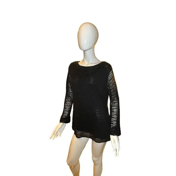 Vintage 90s Crochet Long Sleeve Sweater Black Large