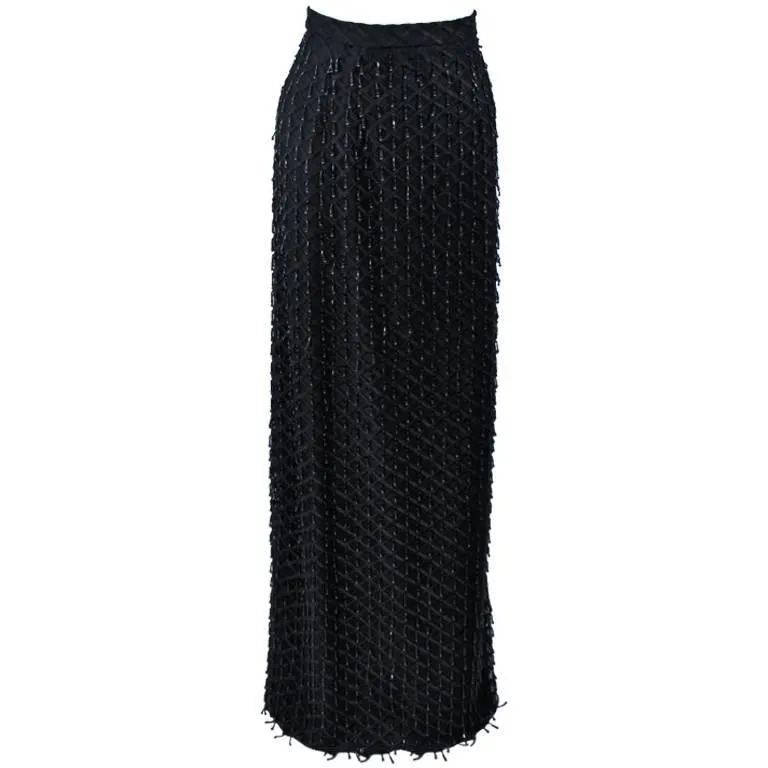 VINTAGE Circa 1960s Black Evening Skirt, Fringe Beading Size 12-14