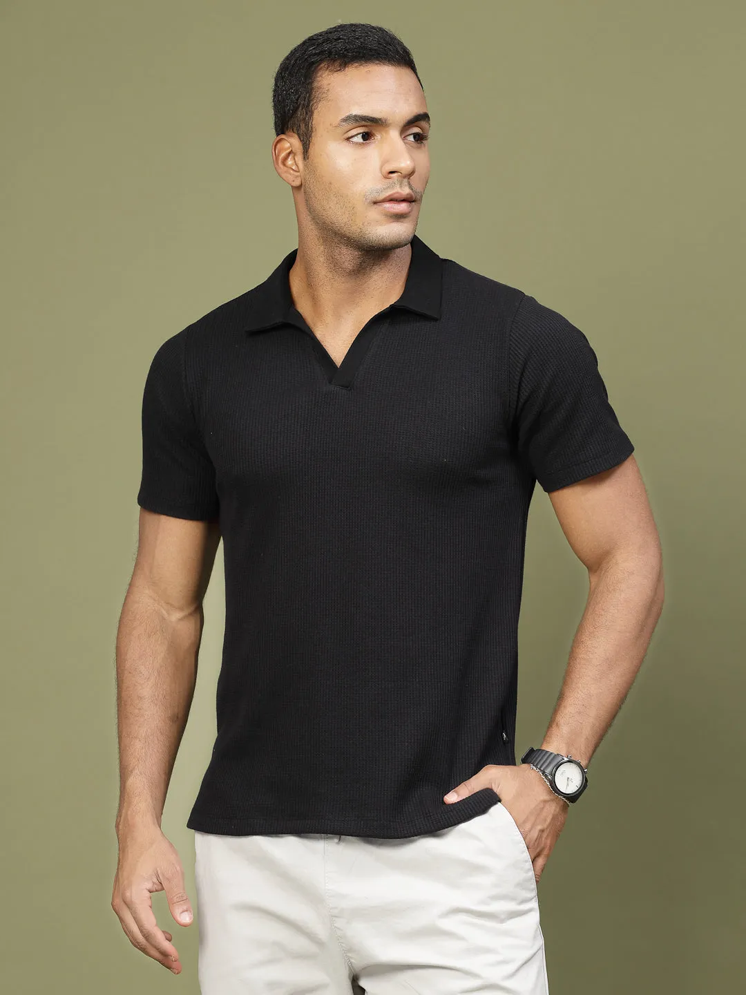 Waffle Weave Solid Polo T-shirt