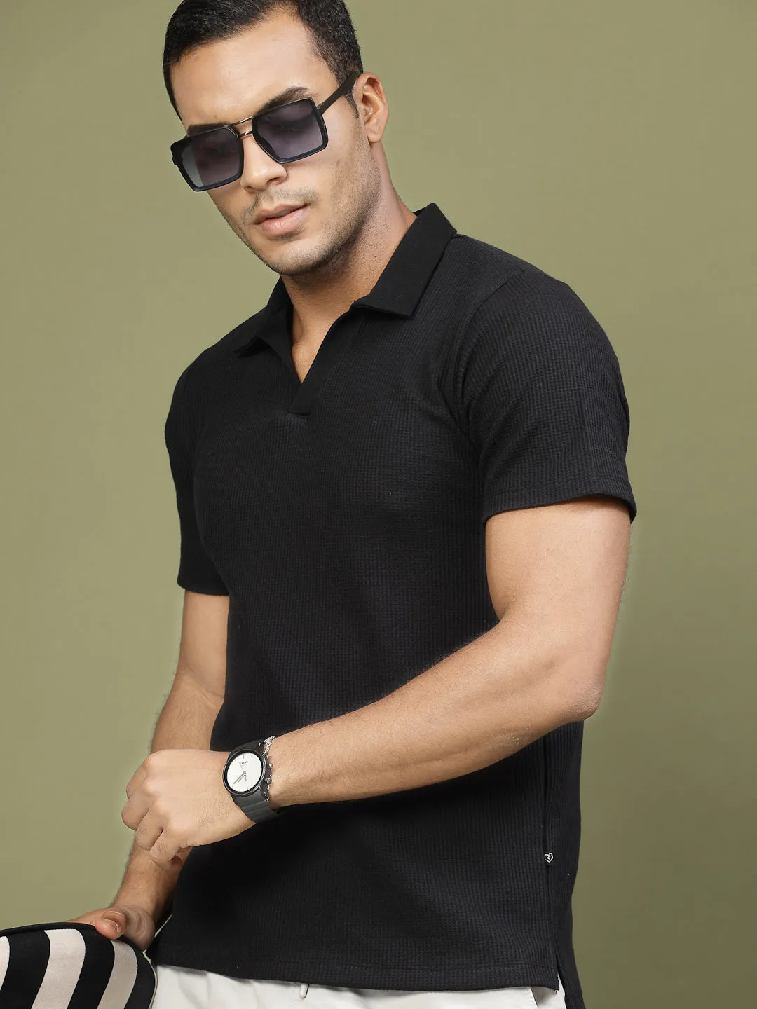 Waffle Weave Solid Polo T-shirt