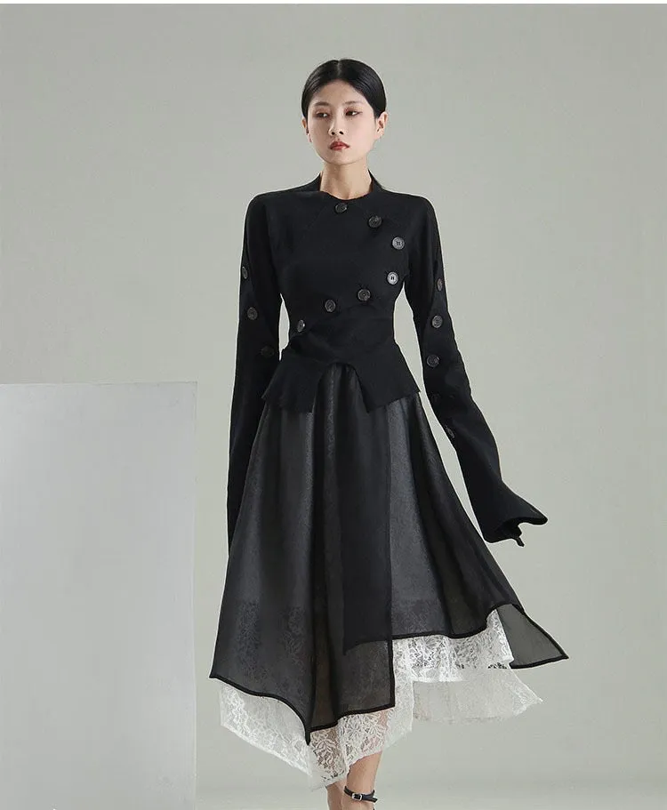 Women Black Shirt Button Irregular Long Flared sleeves Shirts