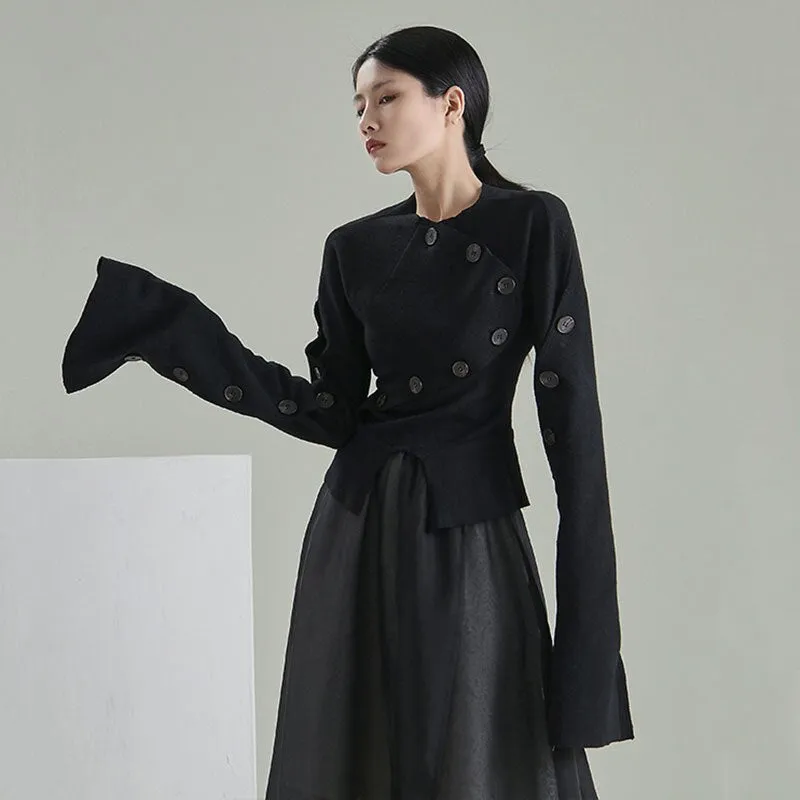 Women Black Shirt Button Irregular Long Flared sleeves Shirts