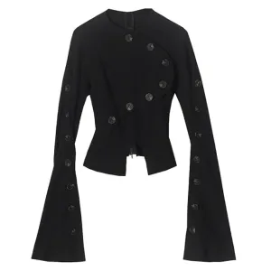 Women Black Shirt Button Irregular Long Flared sleeves Shirts