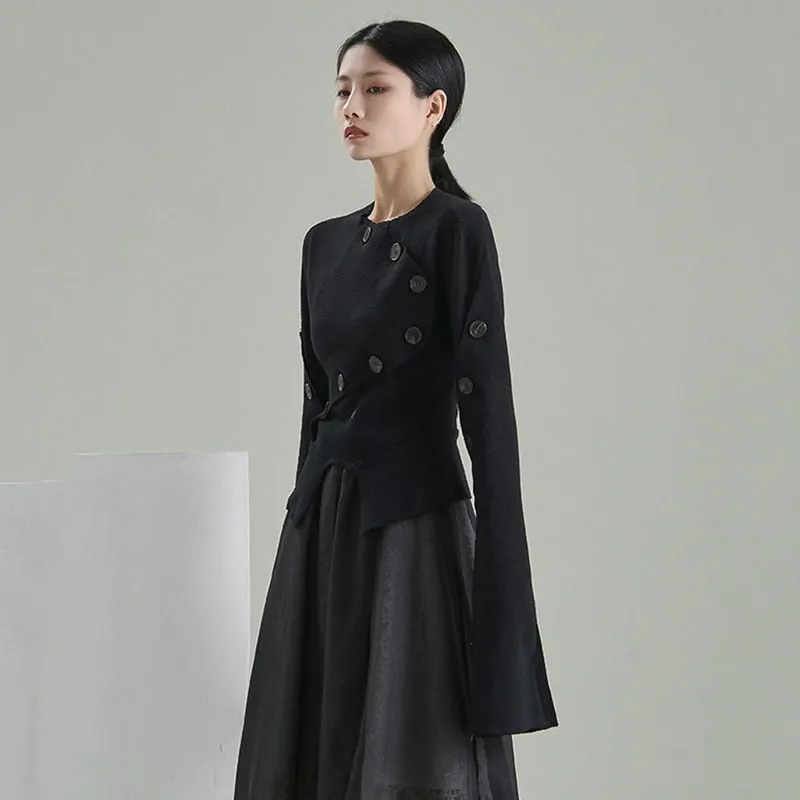 Women Black Shirt Button Irregular Long Flared sleeves Shirts