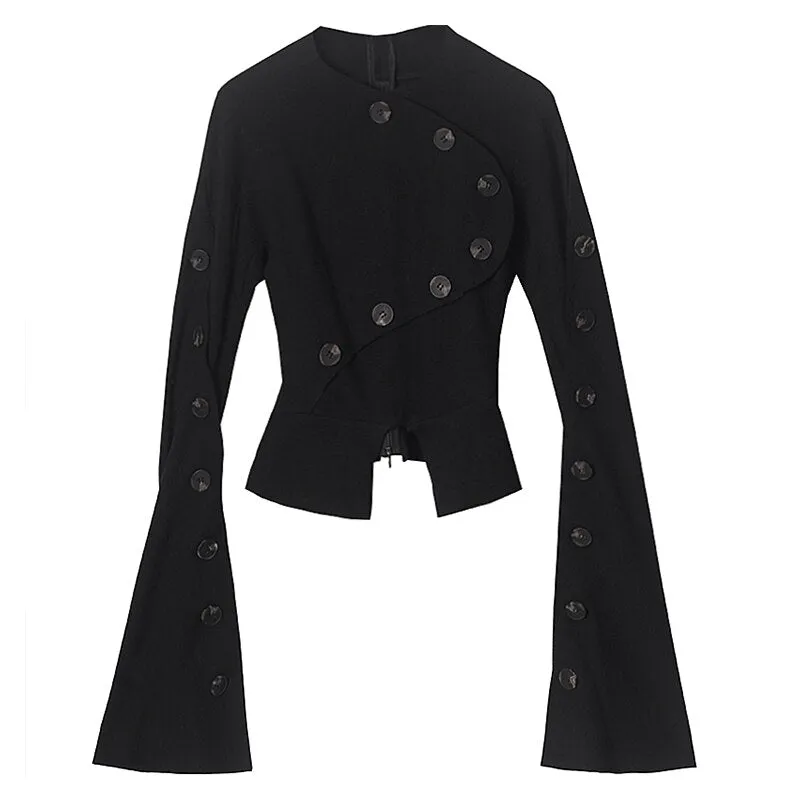 Women Black Shirt Button Irregular Long Flared sleeves Shirts