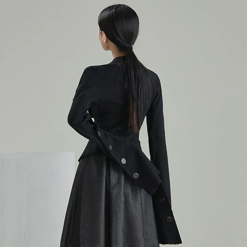 Women Black Shirt Button Irregular Long Flared sleeves Shirts