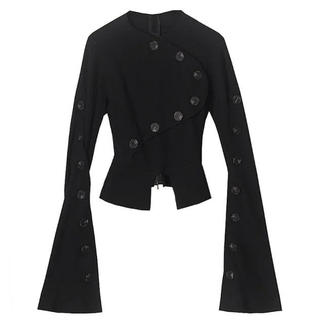 Women Black Shirt Button Irregular Long Flared sleeves Shirts
