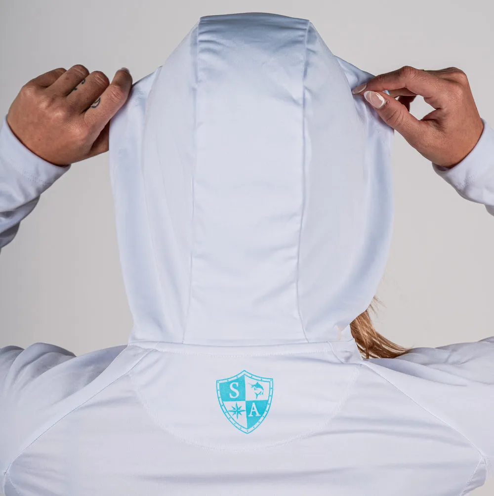Women's Hooded Performance Long Sleeve Shirt | White | Tidal Waves﻿