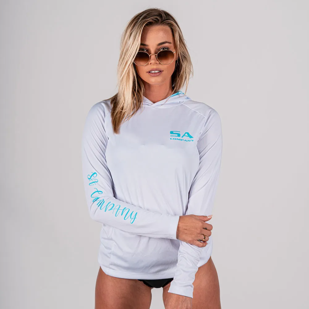 Women's Hooded Performance Long Sleeve Shirt | White | Tidal Waves﻿