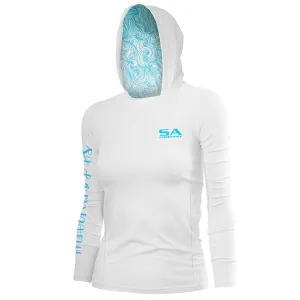 Women's Hooded Performance Long Sleeve Shirt | White | Tidal Waves﻿