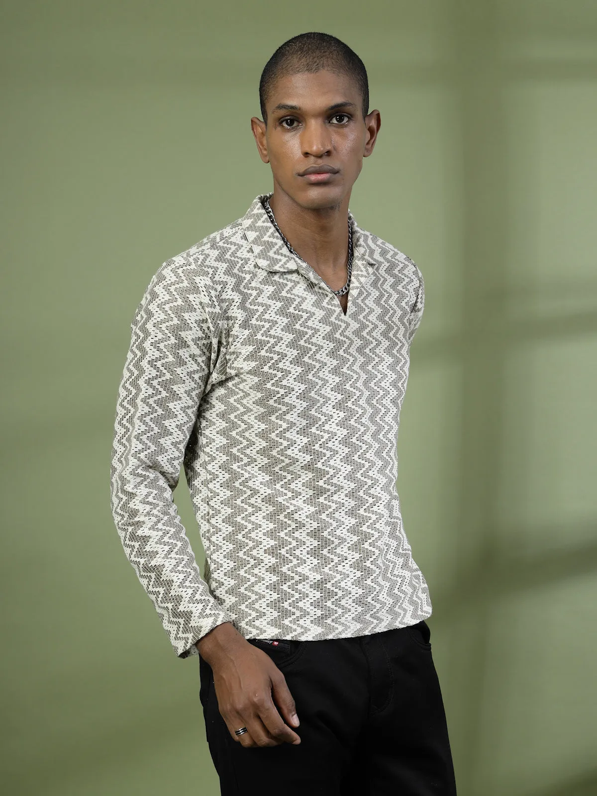 Zig-Zag Crochet Slim Fit Polo T-Shirt