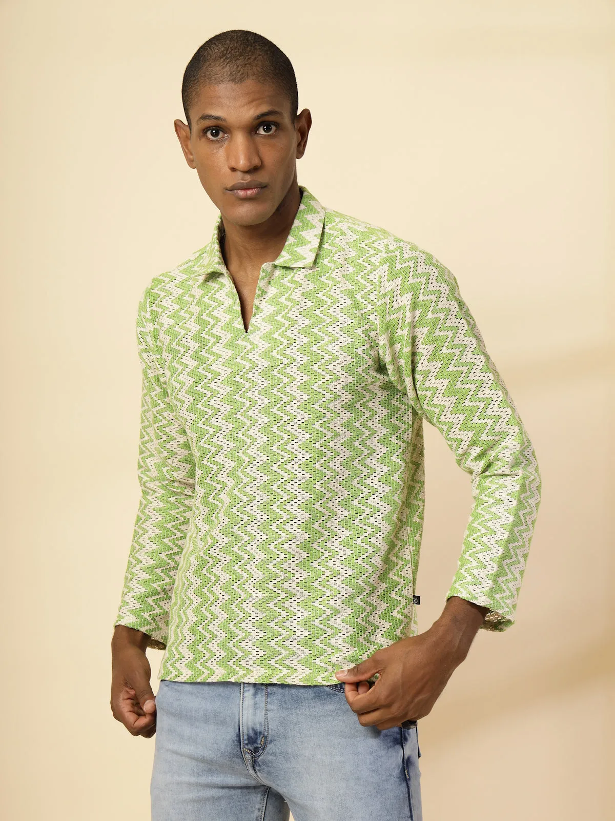 Zig-Zag Crochet Slim Fit Polo T-Shirt