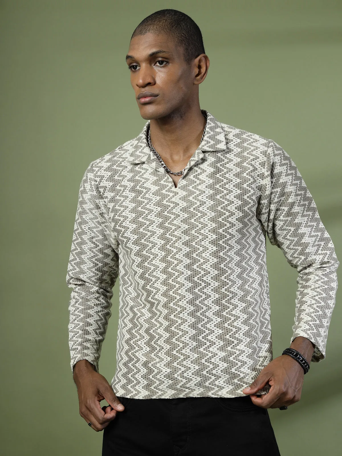 Zig-Zag Crochet Slim Fit Polo T-Shirt