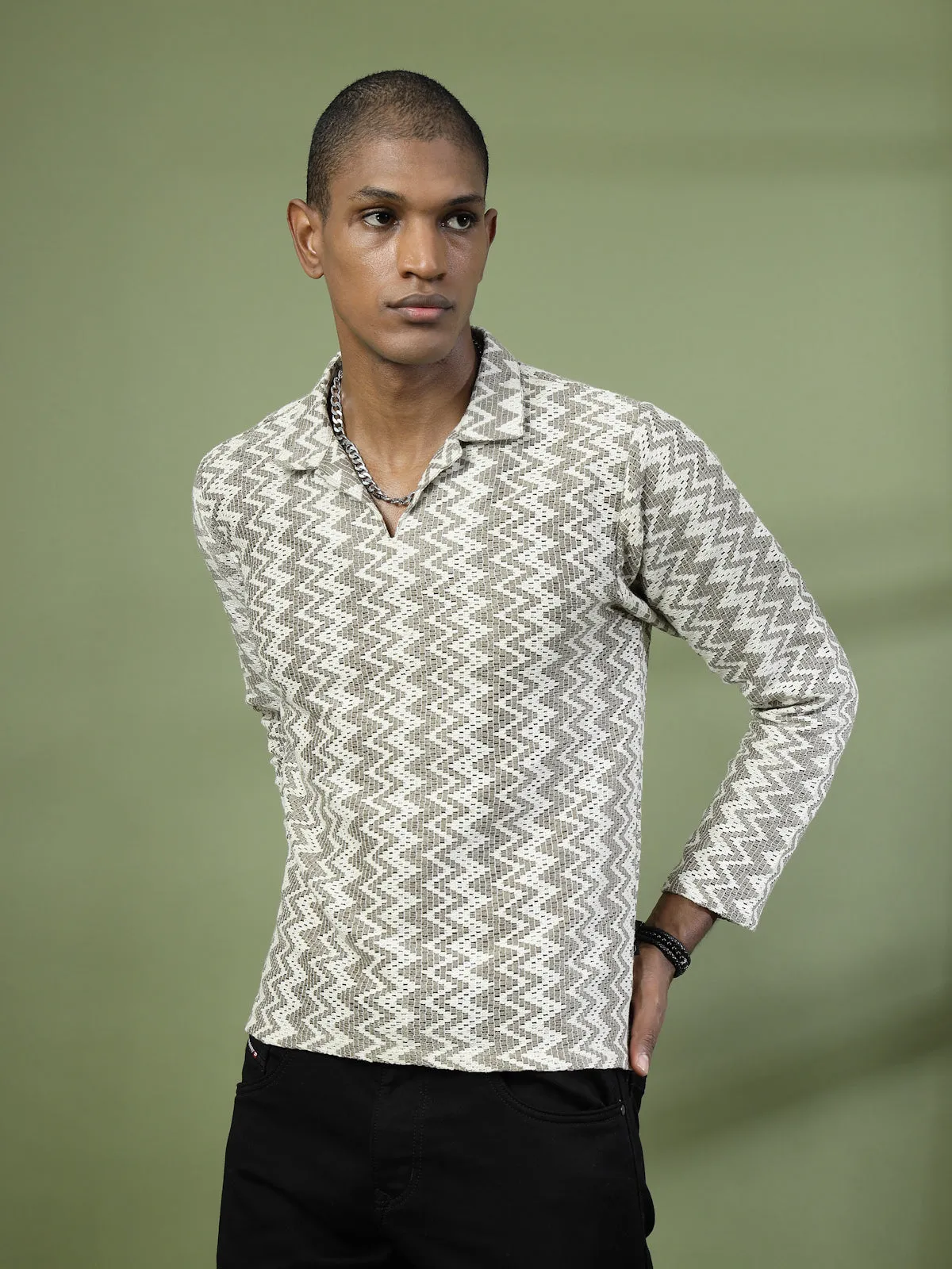 Zig-Zag Crochet Slim Fit Polo T-Shirt