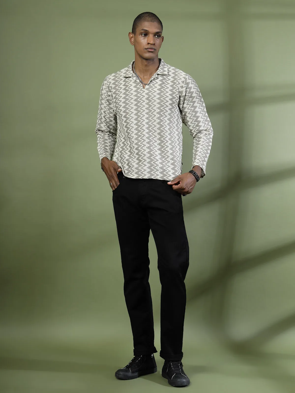 Zig-Zag Crochet Slim Fit Polo T-Shirt