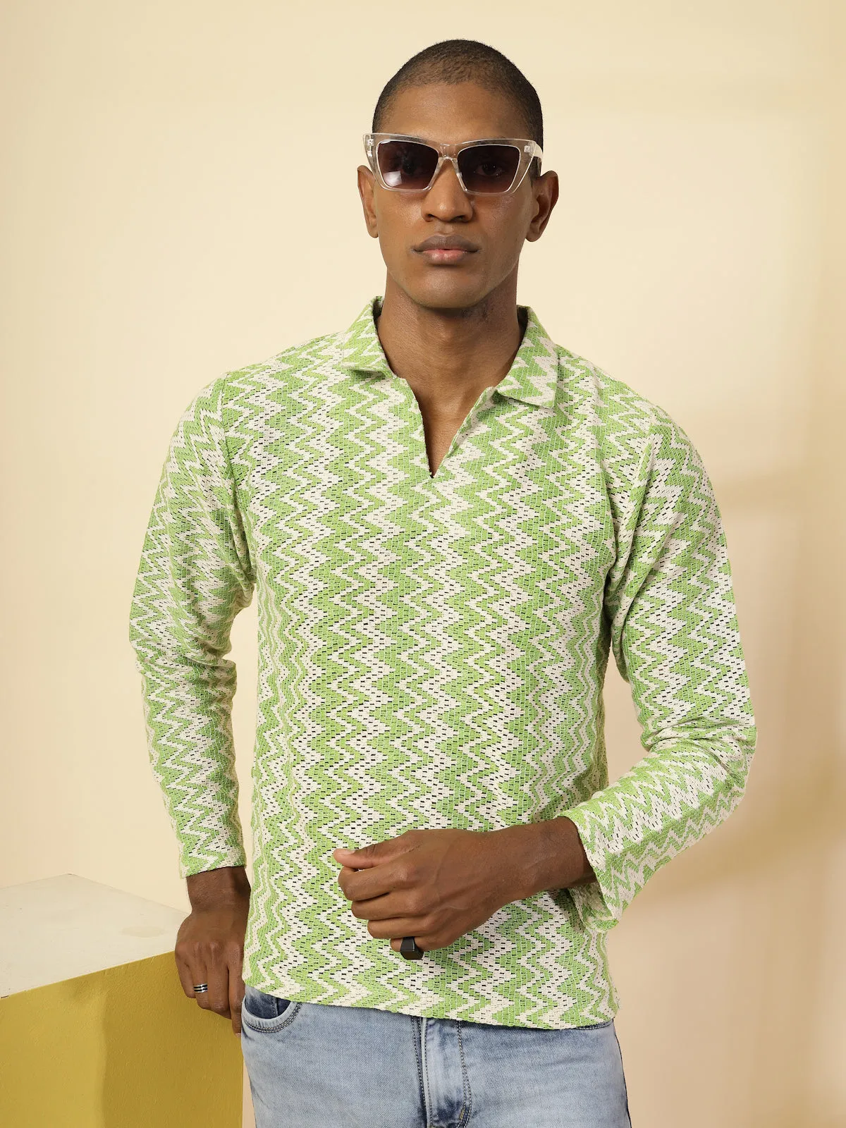 Zig-Zag Crochet Slim Fit Polo T-Shirt
